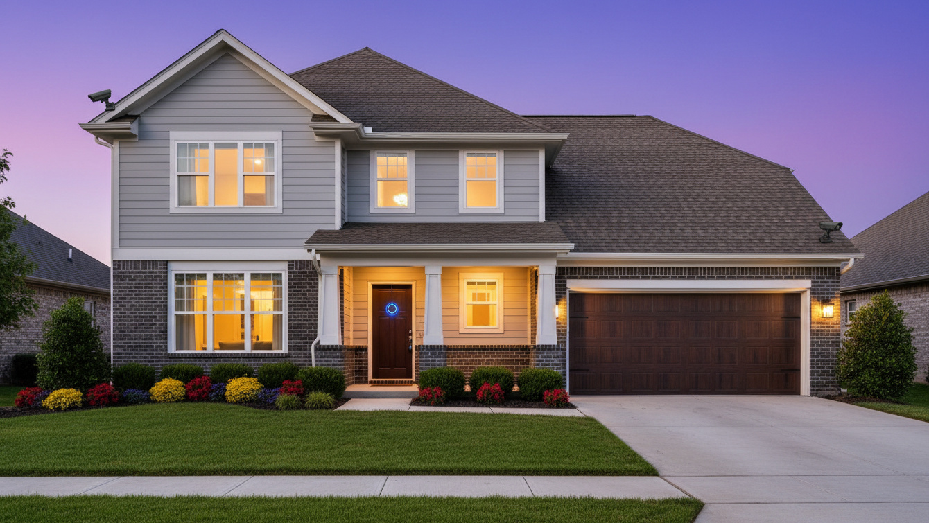 Home with security cameras at twilight
