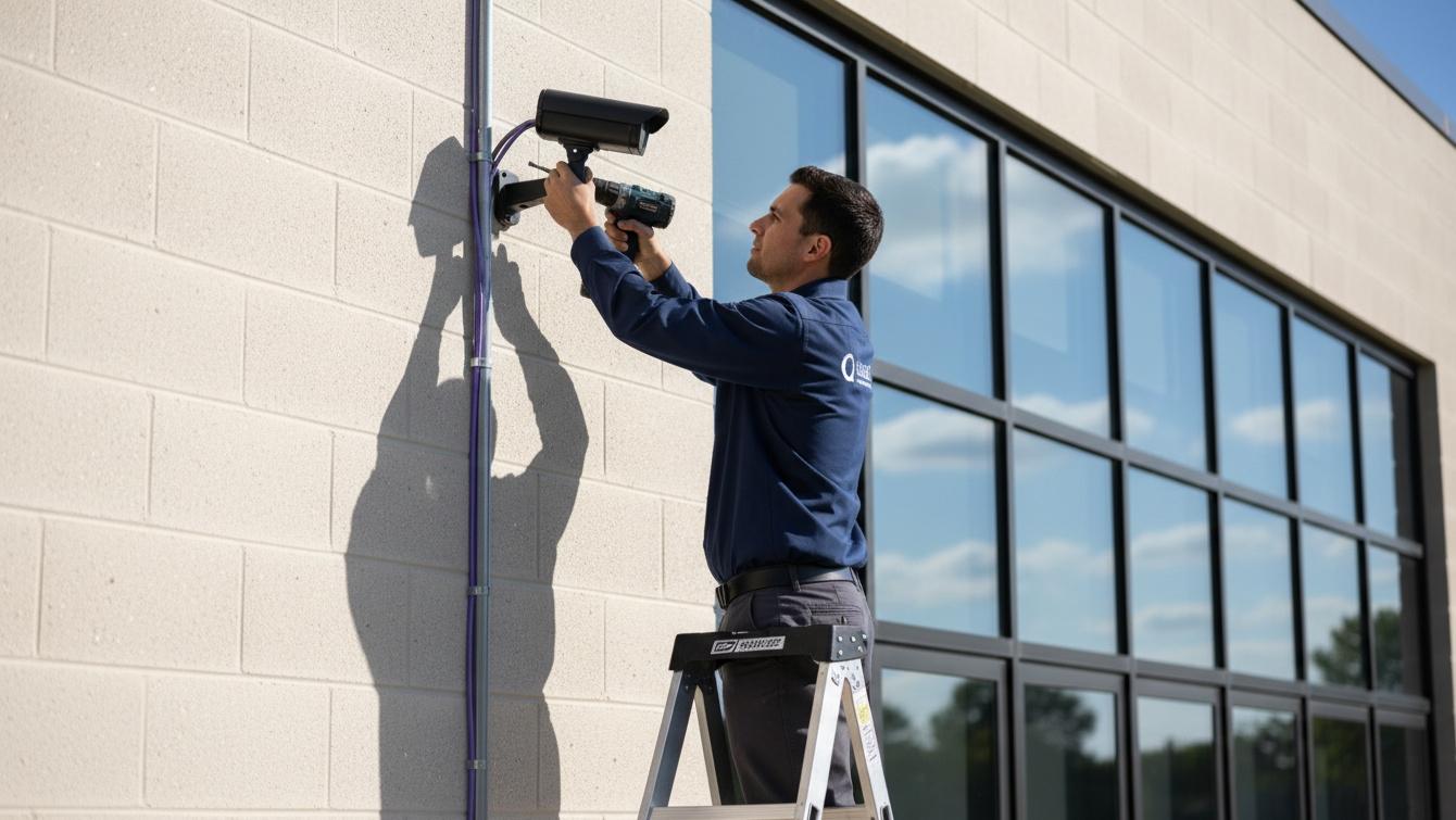 Technician installing security camera